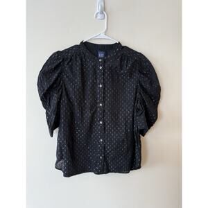 Gap Black Puff Sleeve Button-Up Blouse With Metallic Polka Dot Pattern Large